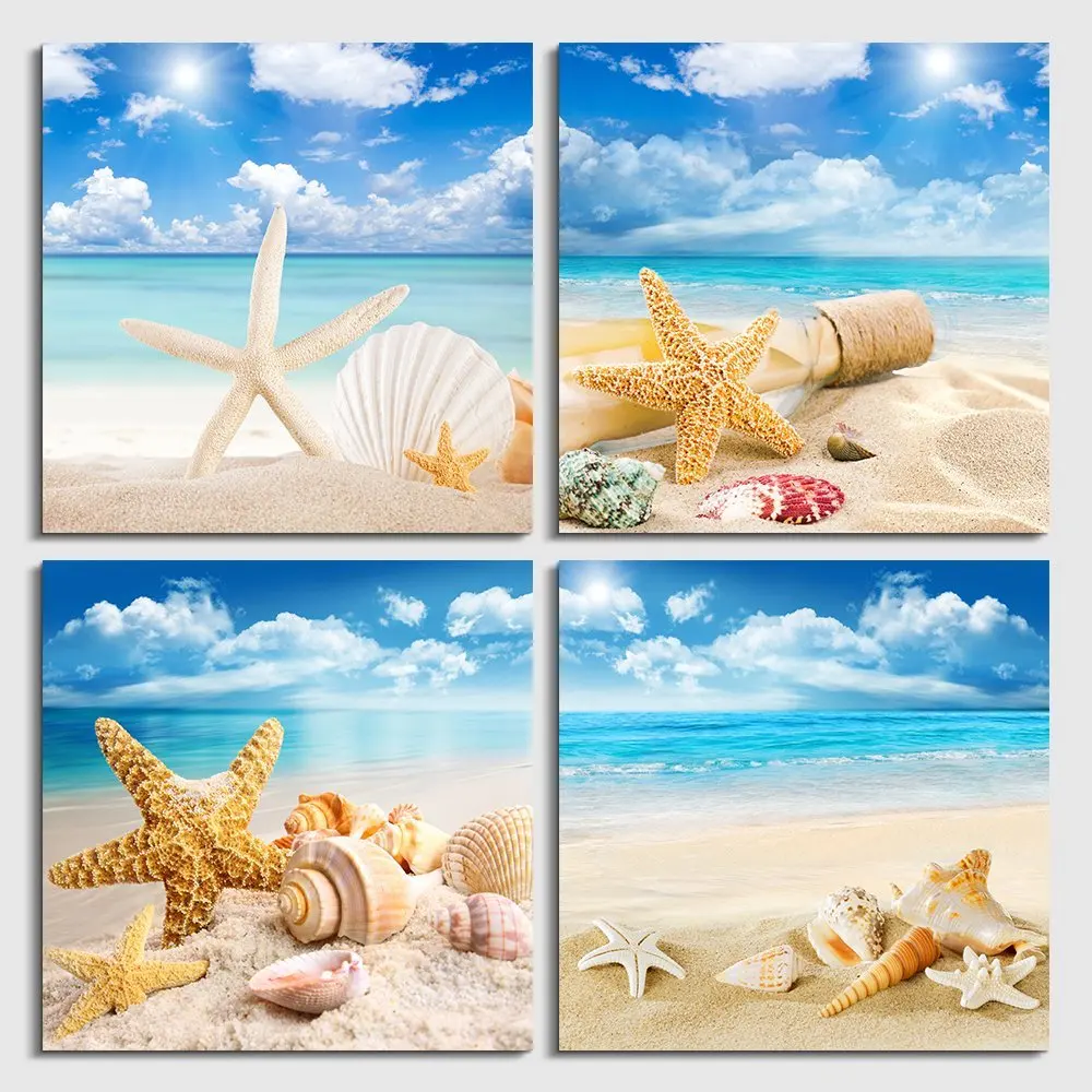 

Home Decor Poster Wall Art Canvas Prints Painting 4 Pieces Sea Beach Shell Starfish Pictures For Living Room Modular Framework