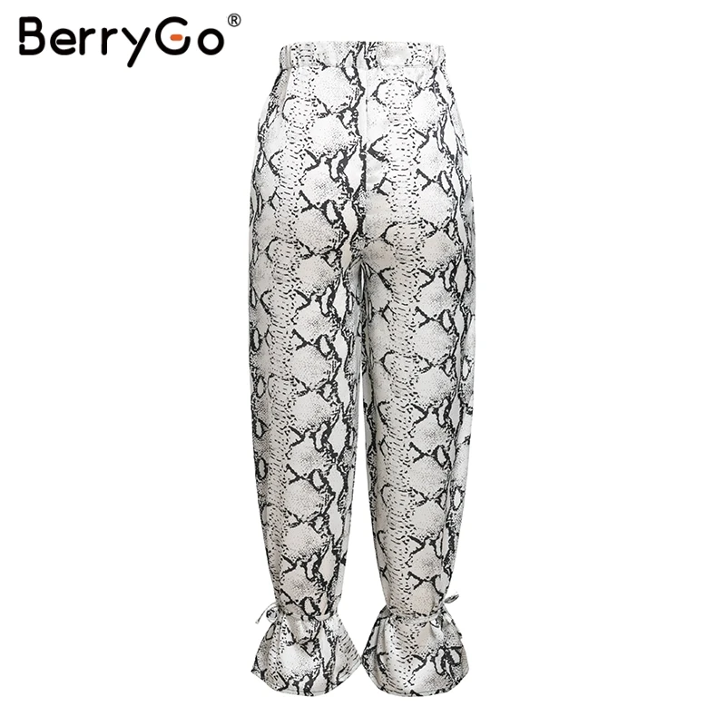 BerryGo сексуальные женские брюки с животным принтом высокой талией поясом атласные