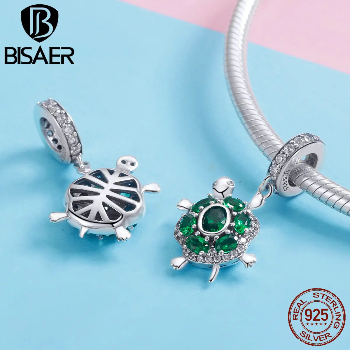 BISAER океанские шармы Черепаховые бусины из серебра с зеленым кубическим