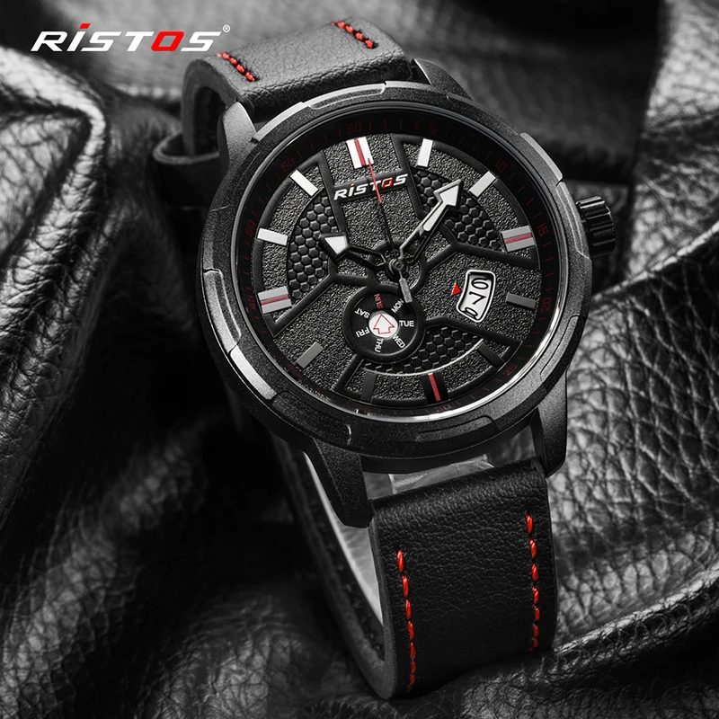 RISTOS Открытый спортивные часы Высокое качество кожа Нержавеющая сталь Элитный