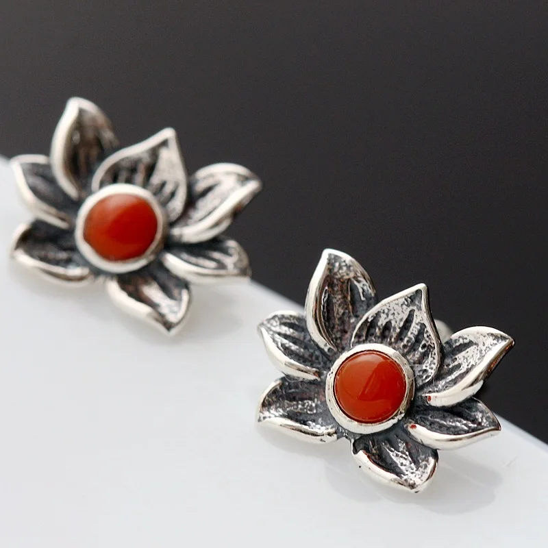 

925 Sterling Silver with natural Silver Pavilion South Onyx Earrings Vintage Silver Earrings lotus