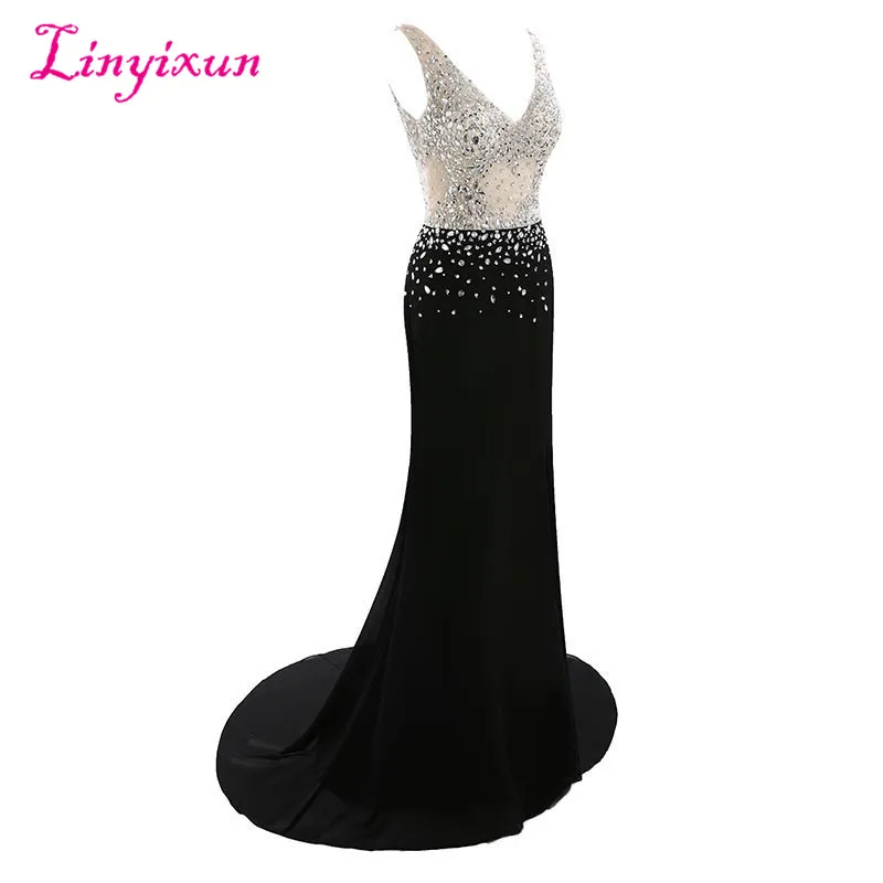 Женское платье Linyixun черное шифоновое вечернее с открытой спинкой длиной до пола