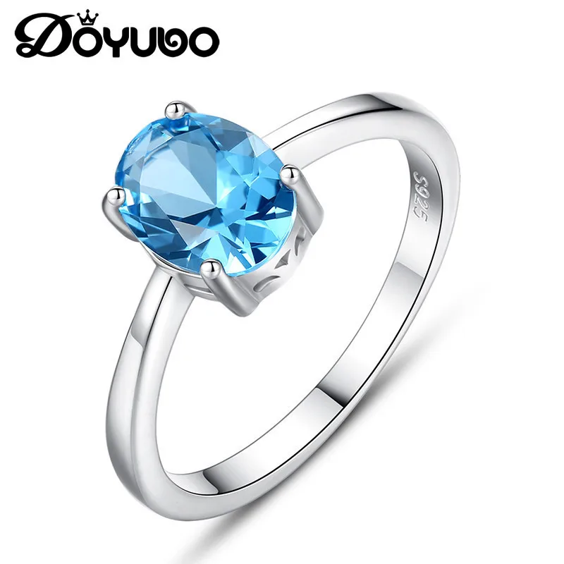

Кольца DOYUBO из чистого серебра небесно-голубого полудрагоценного камня, свадебные ювелирные изделия, женское кольцо на палец из стерлингово...