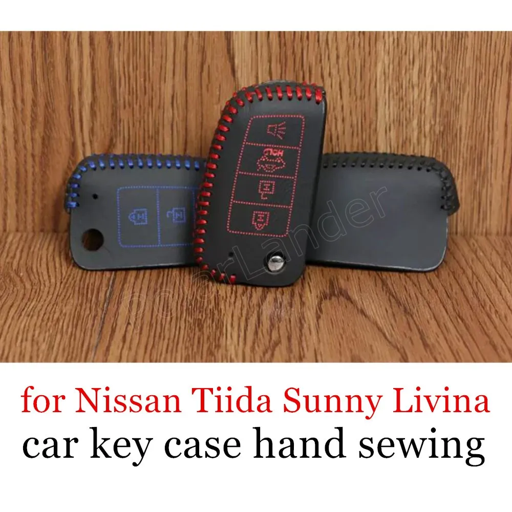 

Only Red best selling Car Keys Cover Protection Case Key Genuine Leather Hand Sewing for Nissan 4 button Tiida Sunny Livina