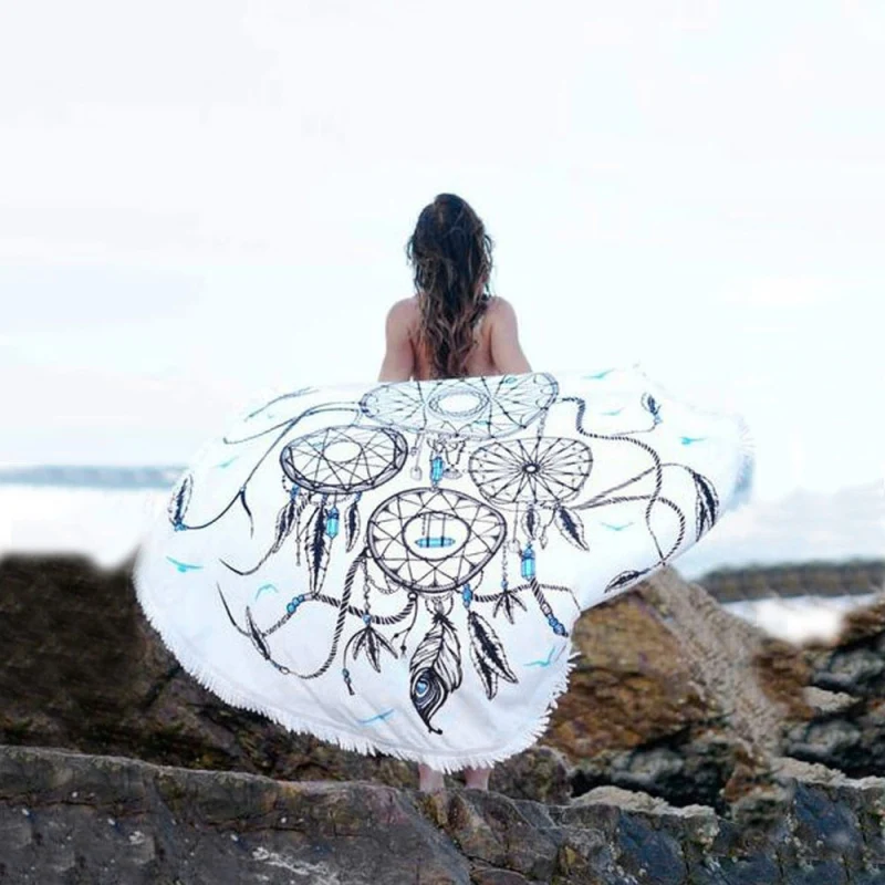 Summer Plant Feather Stripe Round Beach Towel Polyester Hippie Boho Tassel Playa shawl Travel Picnic Carpet Bedding Yoga Blanket |