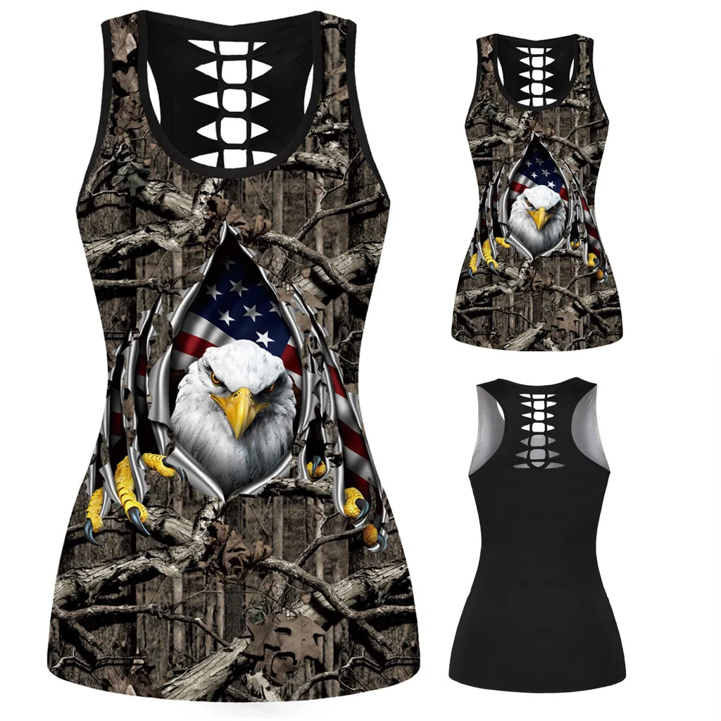 

FREE OSTRICH Women Shirts 3D Animal Eagle Flag Print Vest O-Neck Sleeveless Black Novelty Trend Elegant Summer Blouse Shirts