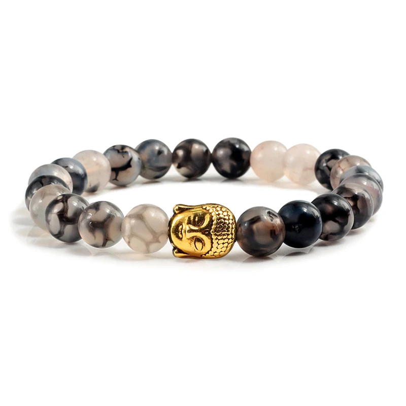 

Classic 8mm Black Lava Matte Beaded Bracelets Charm Gold Color Buddha Head Men Natural Stone Bracelet Women Yoga Prayer Jewelry