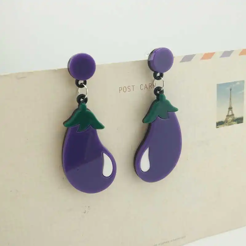 Длинные акриловые серьги-гвоздики в виде баклажана