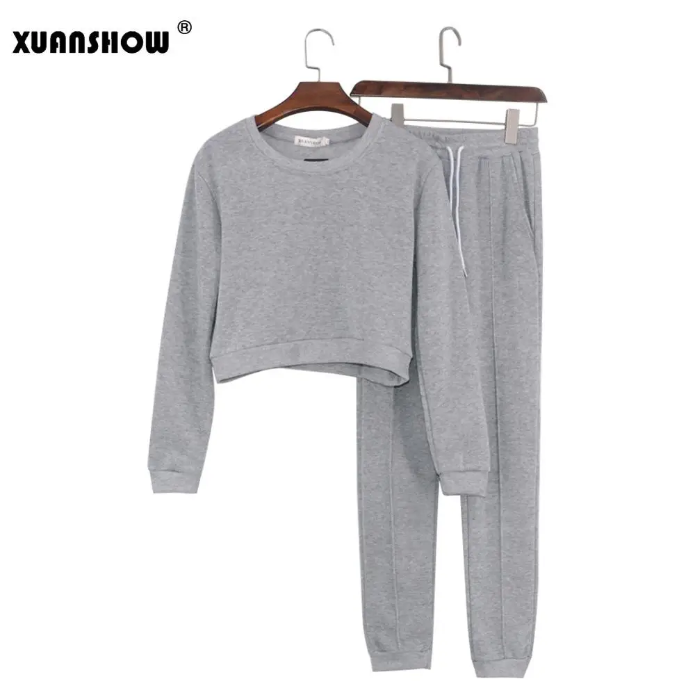 Gray XUANSHOW модный спортивный костюм для женщин Осень Зима Винтаж уличная одежда комплект из двух предметов пуловер Укороченный свитшот длинные штаны наряды - Цвет: Gray