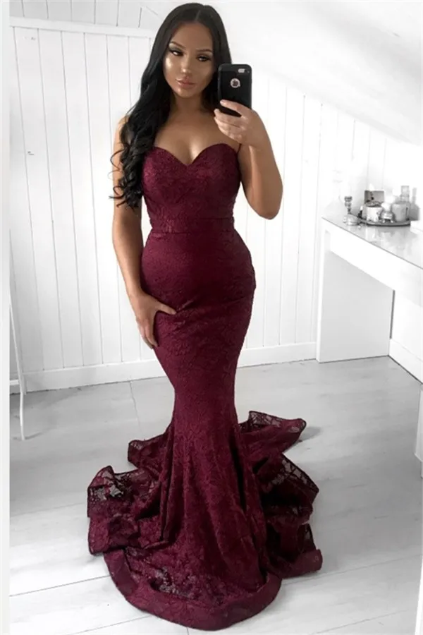 

Vestido de formatura Mermaid Burgundy Lace Prom Dresses Long 2019 Sweetheart Party Gowns Sexy Evening Dress Plus Size Prom Dress