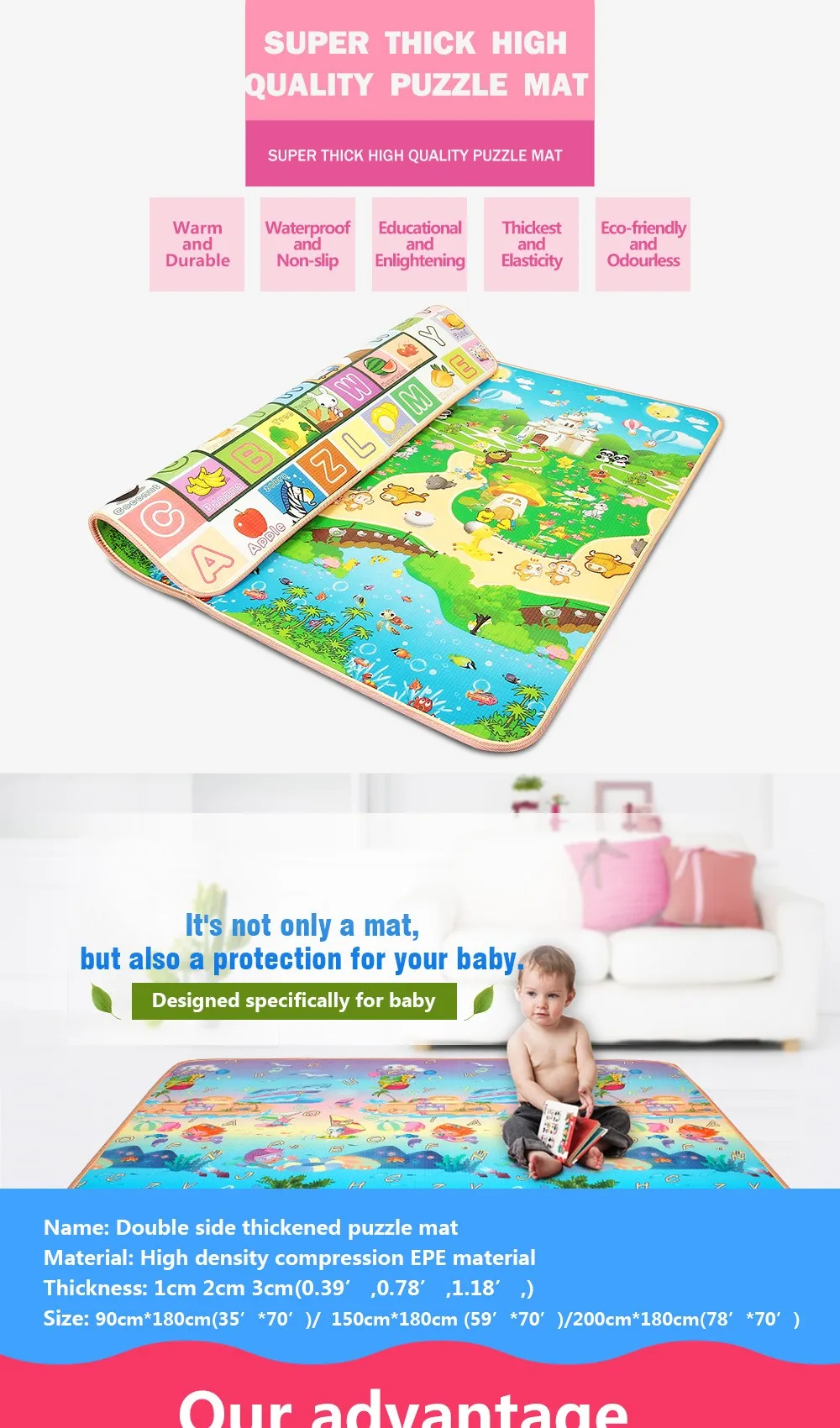 Детские игрушки, ползающие головоломки, толстые игровые коврики, 78*70 дюймов, 200*180*3 см, двухсторонние Детские ползунки, коврик, толстый игровой коврик, Juguetes Bebe