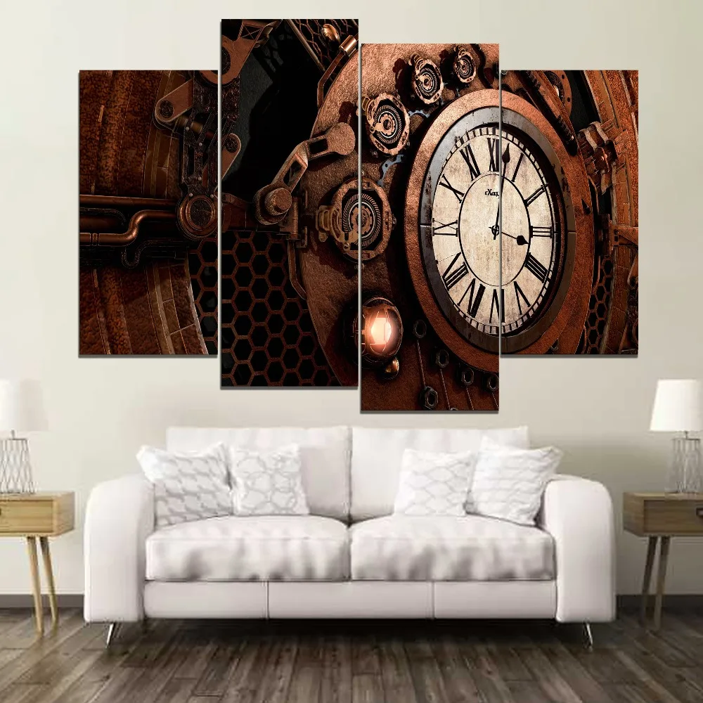Wall Artwork Modular Home Painting Pictures Hd 5 Panel Printed Retro Steampunk Clock Poster Canvas For Living Room Decor Framed