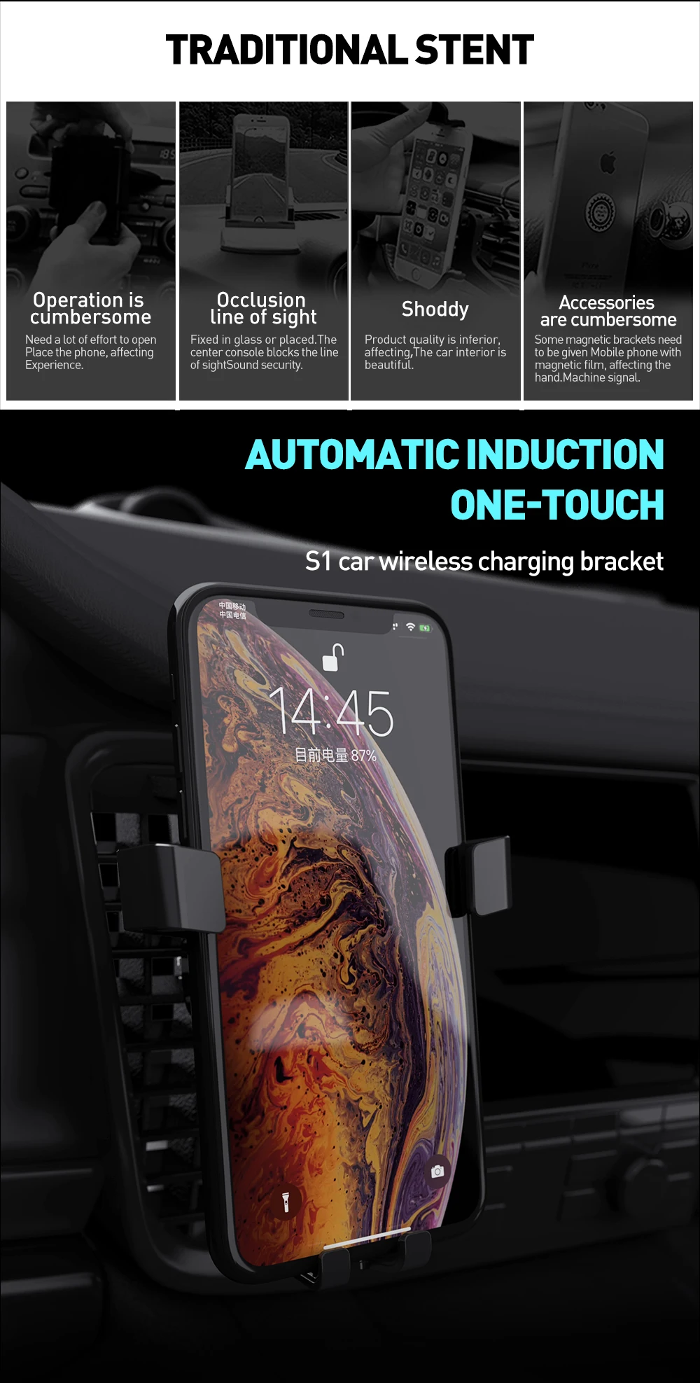 KEYSION Автомобильный держатель для телефона для iPhone, интеллектуальное устройство с гравитационным зондированием, Qi автомобильное беспроводное зарядное устройство, крепление на вентиляционное отверстие, держатель для мобильного телефона, подставка