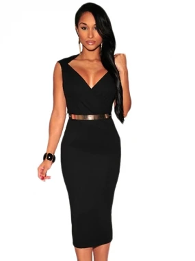 2015 Черная Пятница Женщины Европейский Карандаш Midi Длинное Платье Погружаясь V