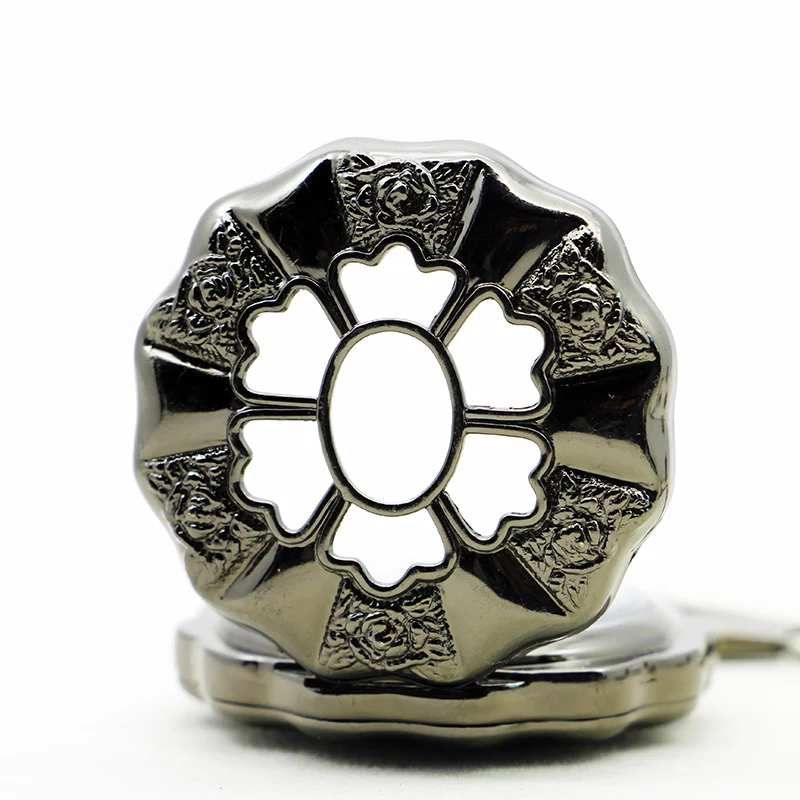 Specially Designed Flower Shaped Hollow Mechanical Pocket Watch with Black Retro Hand Wound Fob Chain Men's Watch
