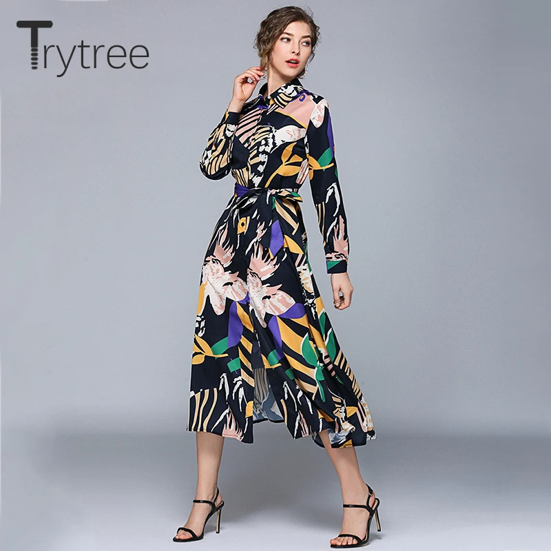 Trytree осеннее богемное платье-рубашка с принтом женские платья отложной воротник