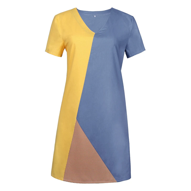 2019 summer fashion new stitching casual solid color V-neck short sleeve tri-color mosaic dress SJ2074Y | Женская одежда