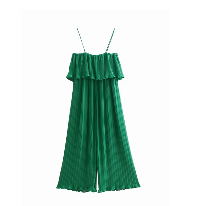 Летние шифоновые зеленые плиссированные комбинезоны женские с эластичной