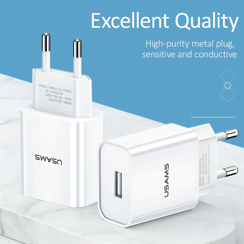 USAMS USB телефон зарядное устройство для iPhone iPad 2.1A один быстрое настенное Xiaomi samsung ЕС