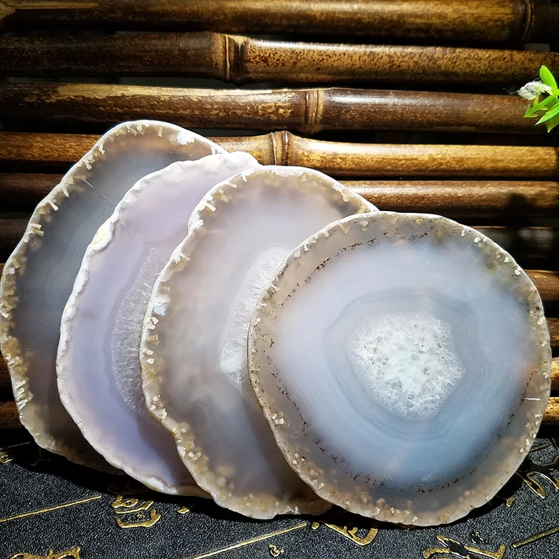 Natural white agate slice raw stone slice agate set pieces of landscape glass cushion TV wall crystal display.