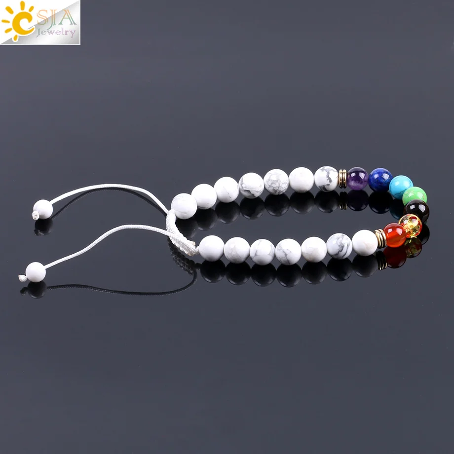 CSJA Ethnic White Howlite Beaded Bracelet Natural Gem Stone 7 Chakra Yoga Mala Beads Tibetan Buddhist Meditation Braid Rope F092 | Украшения