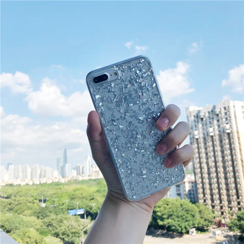 Модные эпоксидной смолы серебряного Фольга осколки чехол для iPhone X XS XR MAX 6 6s 7 8