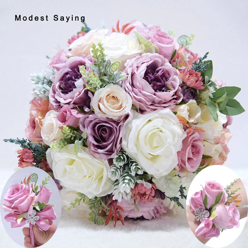 

Purple Artificial Flowers Rose Wedding Bouquets 2018 New Wrist Corsages Women Bridal Hand Bouquet Garden Wedding Accessories