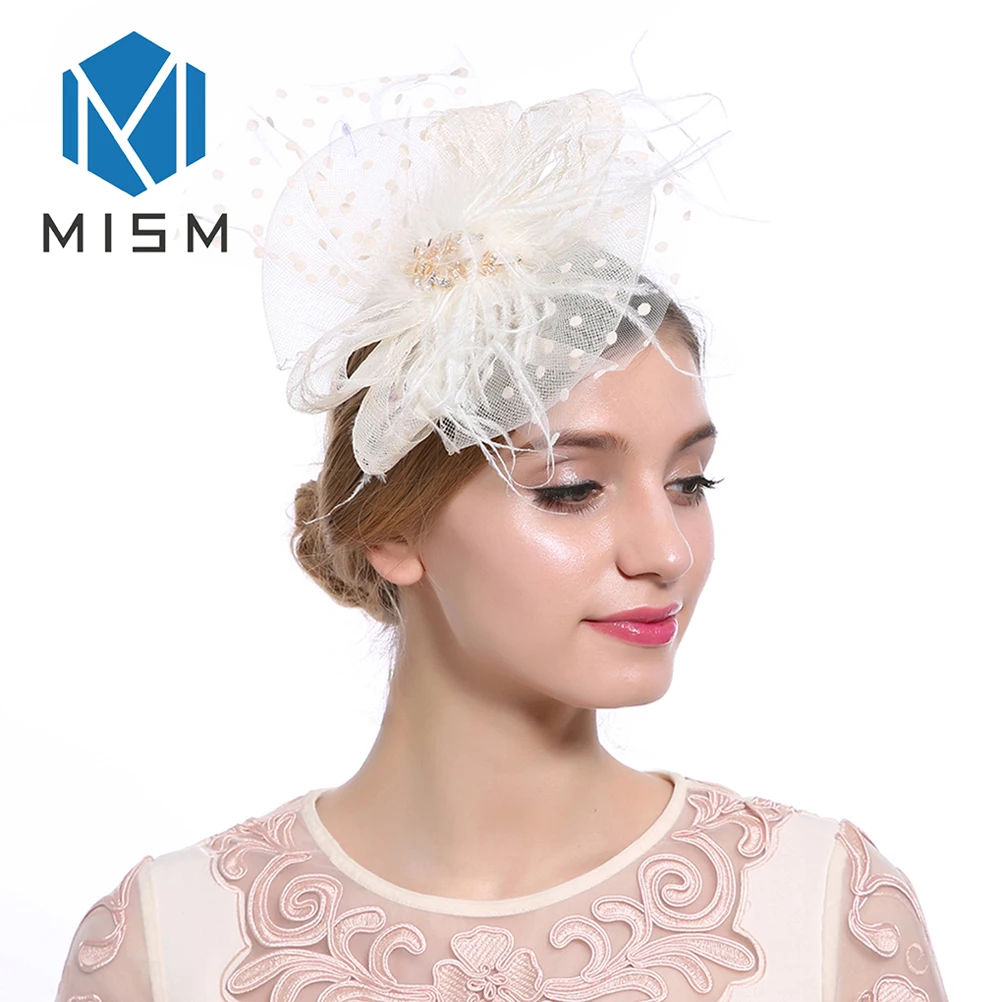 M MISM, женские свадебные аксессуары для волос, Коктейльные, вечерние, в горошек, с вуалью, зажим для волос, перо, кристалл, лист, элегантные резинки для волос - Цвет: Beige