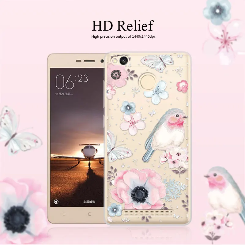 Cute Floral Printed Soft Slicone Case Cover For Xiaomi Redmi 3S 3D Relief Coque Lace Funda Hongmi 3Pro 3 S 5.0'' |