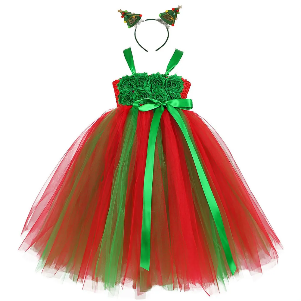 

Green Red Ankle Length Girl Dress Christmas Autumn Clothing Children New Year Party Frock Tulle Tutu Christmas Tree Dress Gowns