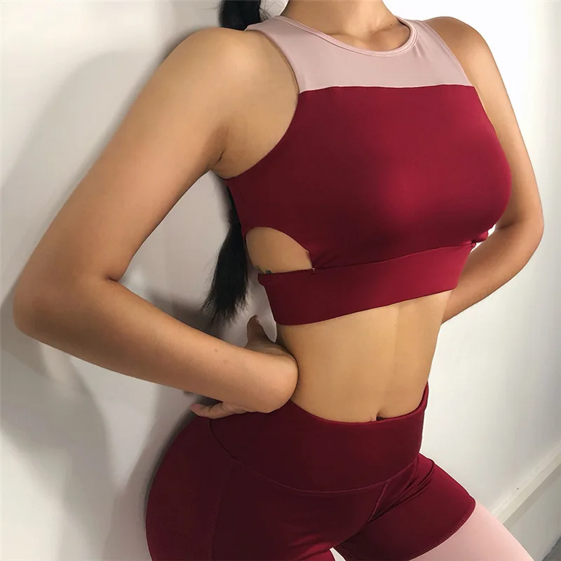Wine Red Solid Women Yoga Set Gym Fitness Jogger Running Push Up Sleeveless Sports Bra+Leggings Tracksuit Slim Sportwear | Спорт и
