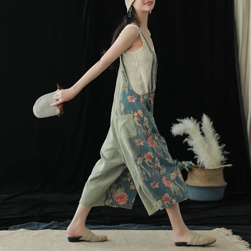 

2019 new female trousers printed denim overalls tall waist thin type of personality wide-legged jumpsuits
