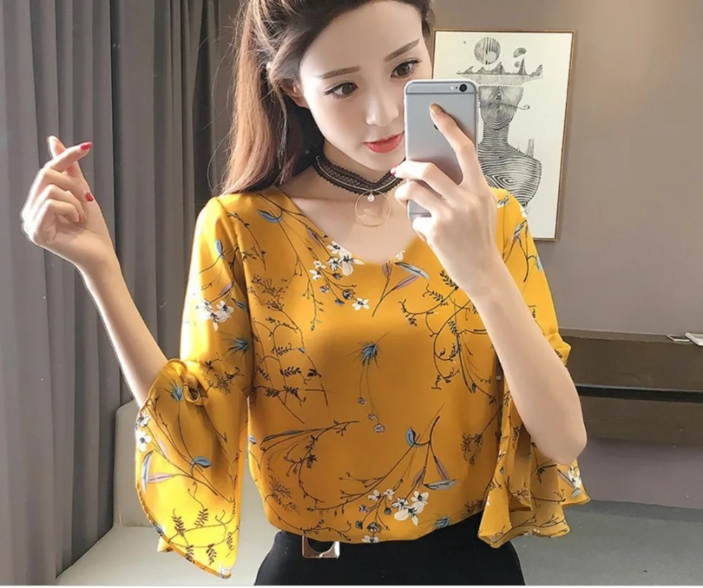 Женская шифоновая блузка с цветочным принтом Свободный Топ рукавами-трубами и