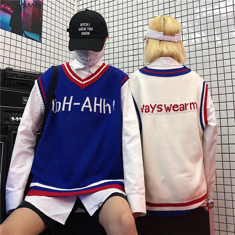 VERSMA корейский Harajuku Instagram BF письмо мужские трикотажные жилеты V образным вырезом негабаритных без рукавов свитер мужской жилет пуловер