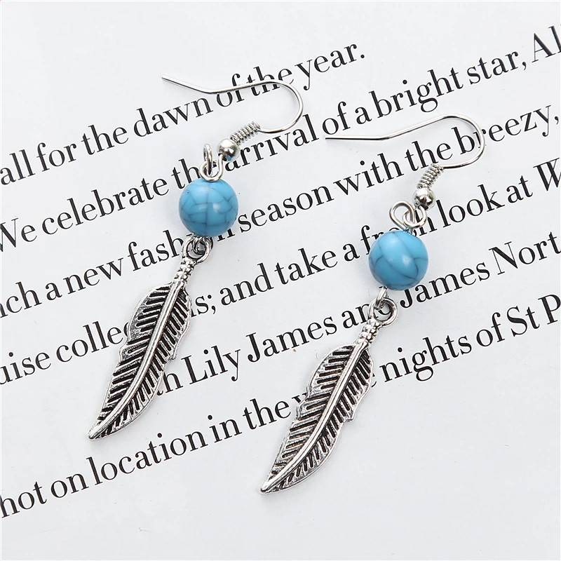 Brand Design Statement Jewelry Vintage Blue Bead Silver Feather Earrings Simple Plated Leaf Dangle For Women | Украшения и