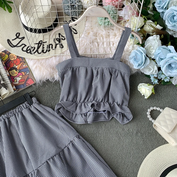 ALPHALMODA/ летний укороченный топ+ юбка трапециевидной формы, женский милый комплект из 2 предметов, куртка и юбка в клетку с высокой талией