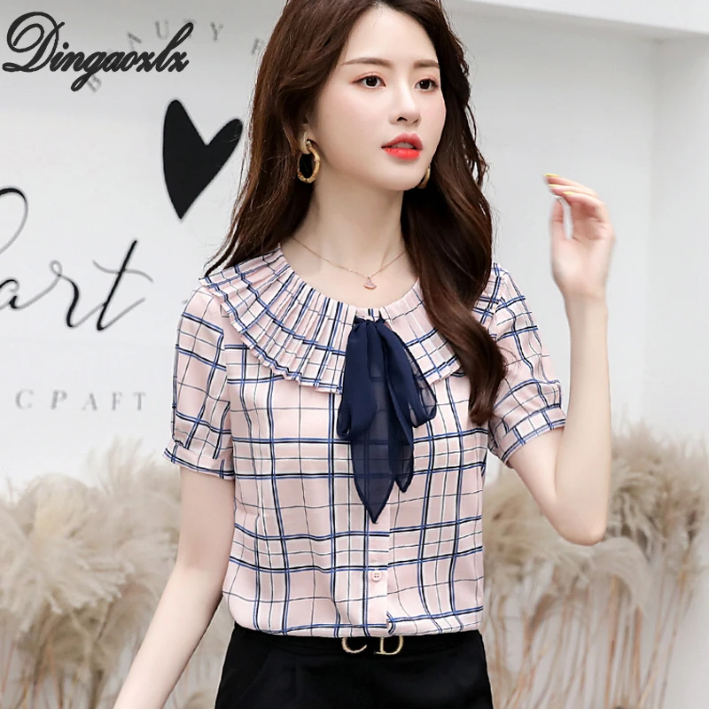 Женская блузка в клетку Dingaozlz элегантная летняя рубашка с коротким рукавом и