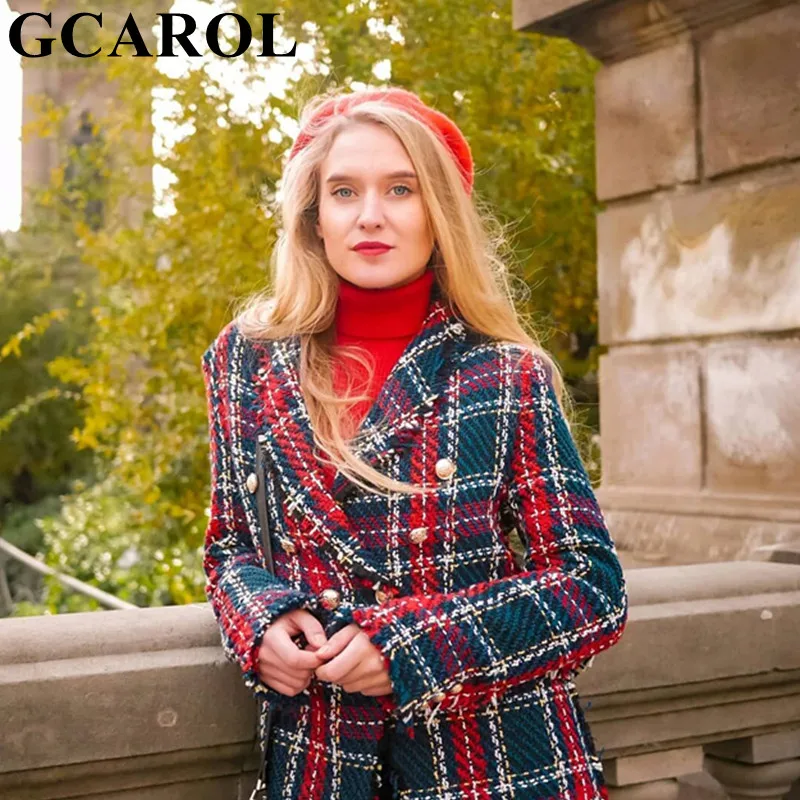 GCAROL осенне-зимний женский твидовый клетчатый блейзер в клетку с кисточками и пуговицами, толстый теплый элегантный костюм