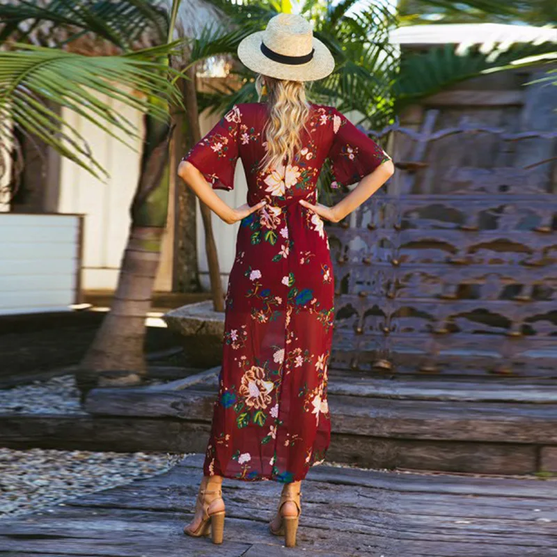 Женское платье с оборками и рукавами Элегантное Длинное Пляжное Платье макси v