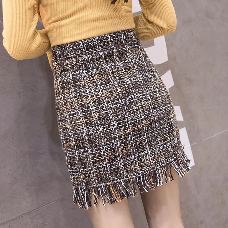 2018 Женская шерстяная мини юбка осенне зимняя винтажная прямая клетчатая