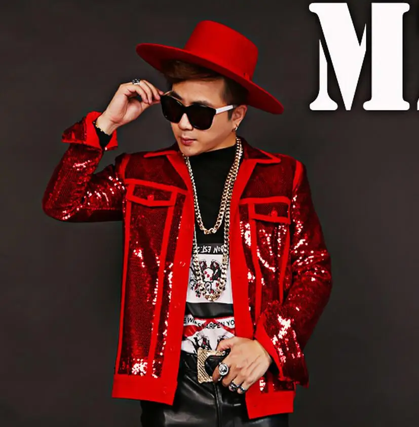 2021 новый мужской тонкий Dj певец красное платье с блестками и вышивкой куртка