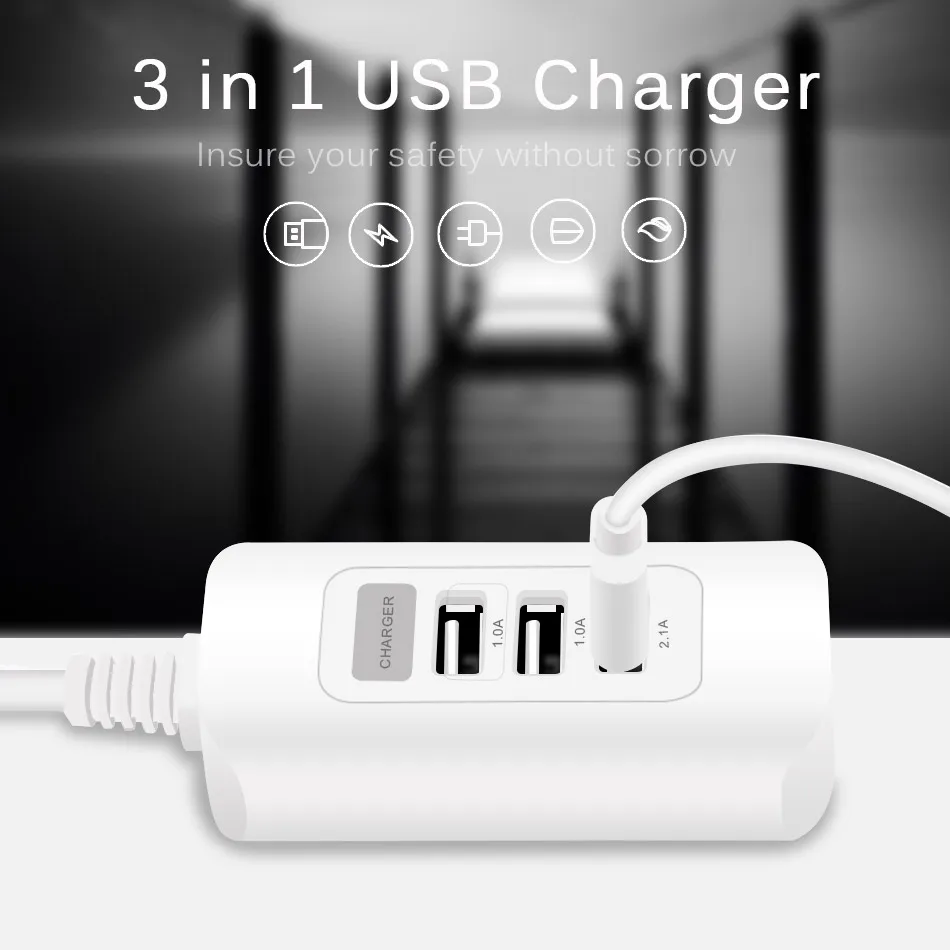 CinkeyPro 3 порта USB зарядное устройство 5 В/3 А адаптер 1 м кабель для зарядки для iPhone 7 8 samsung XiaoMi iPad мобильный телефон Универсальный