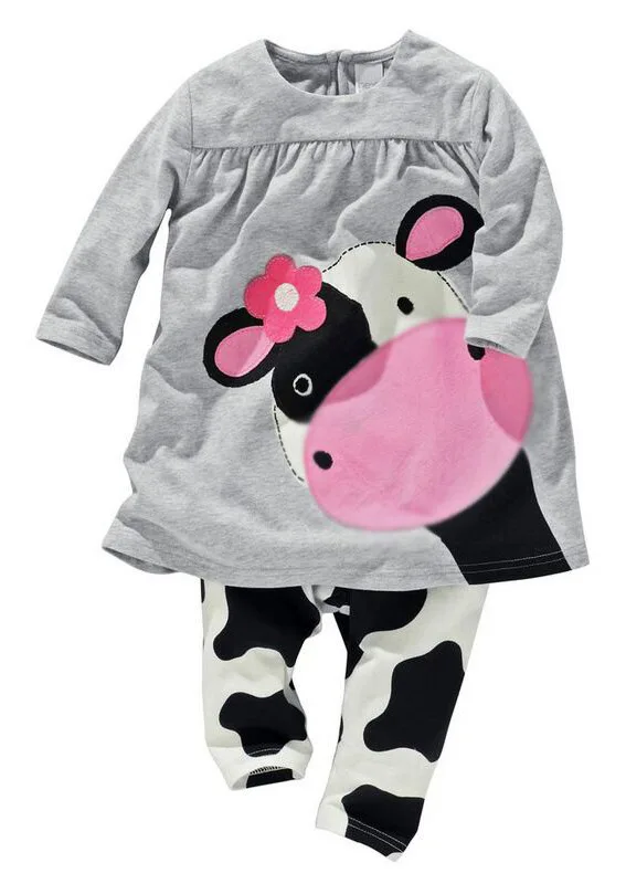 Hot Sale Baby Girl Clothes Girls Two Pieces Set Cotton Cartoon Cow Full Sleeved+ Pants Children's Suit | Мать и ребенок