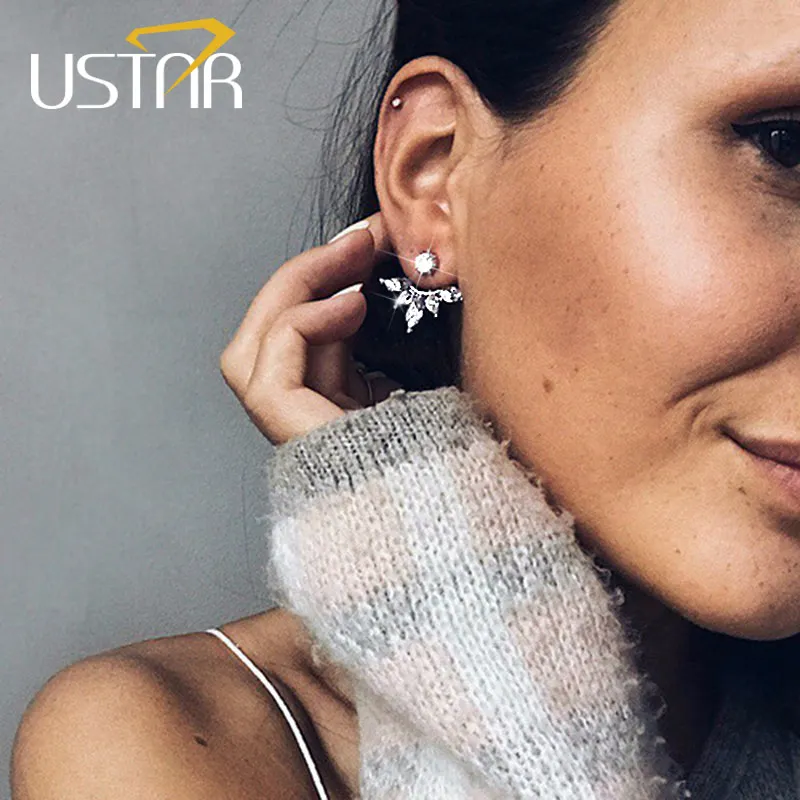USTAR, серьги-гвоздики с кристаллами в виде листьев для женщин, серебряный цвет, двухстороннее модное ювелирное изделие, женские серьги Oorbellen, висячие, kolczyki