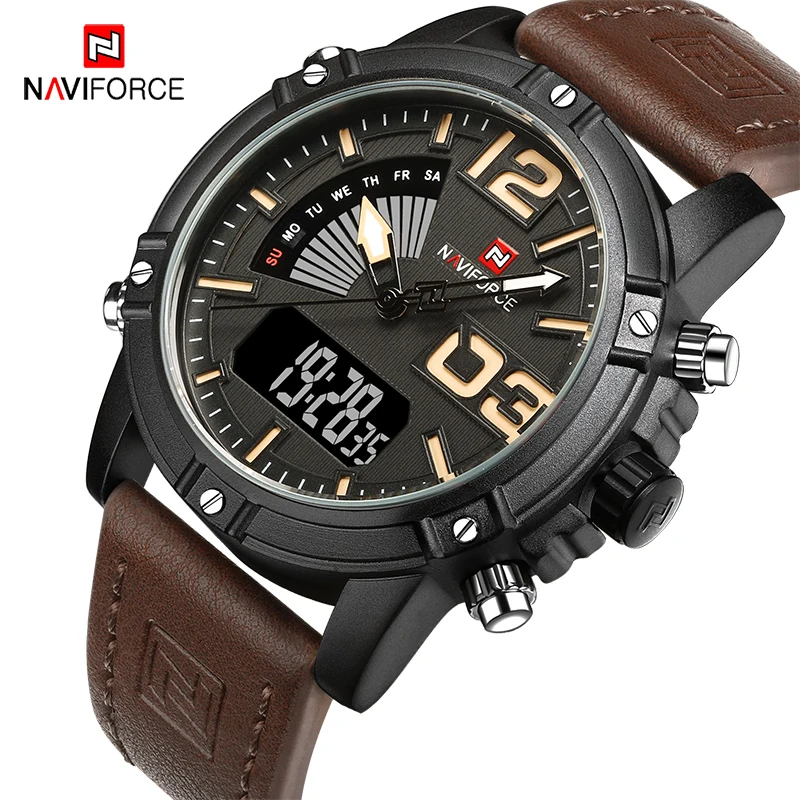 NAVIFORCE мужские водонепроницаемые военные спортивные часы кожаные с двойным