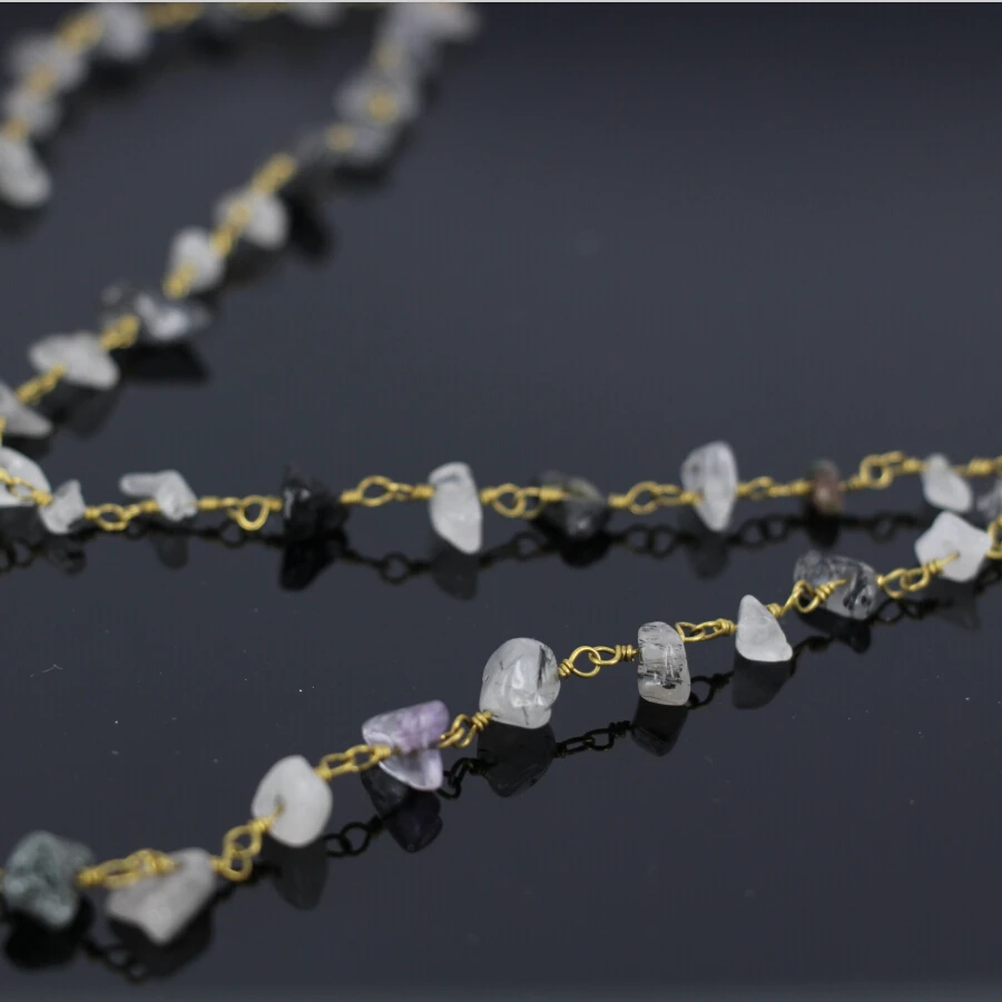 

5Meter,DIY Fashion Black Rutilated Quartz Nugget Chip Beads,Gold plated Wire Wrapped Rosary Chain Necklace Jewelry Findings