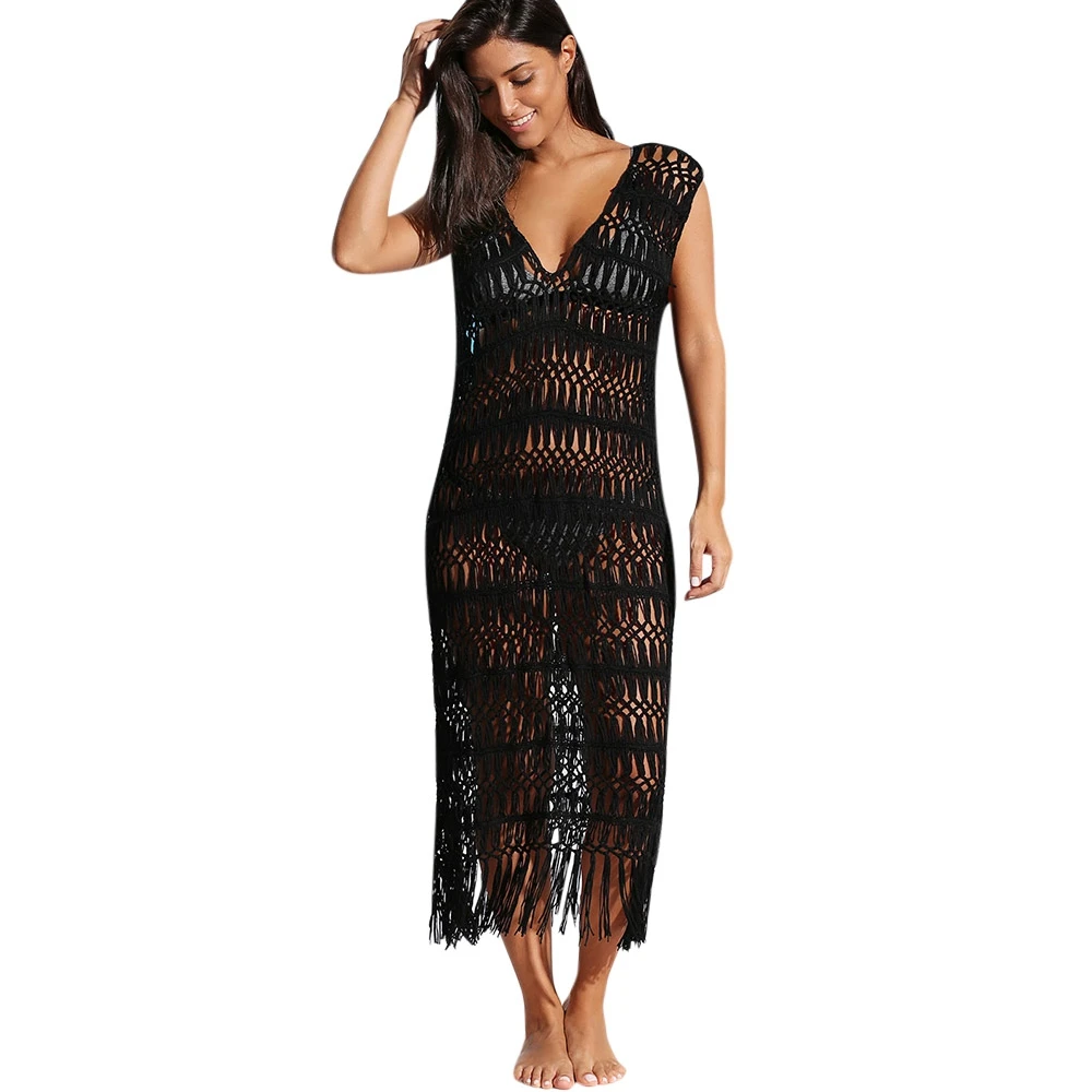 Бикини накидка Пляжное платье для женщин 2018 бахрома вязаная крючком ажурный