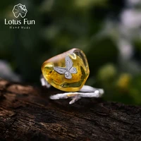 lotus fun real 925 sterling silver natural amber handmade designer fine jewelry looking back butterfly rings for women bijoux