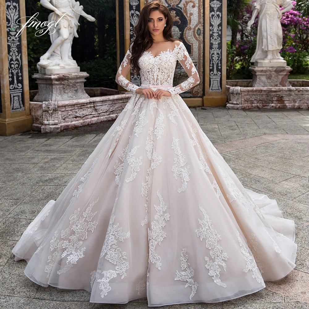 Fmogl Vestido De Noiva, длинные рукава, а-силуэт, свадебные платья,, сексуальные, иллюзия, круглый вырез, аппликация, суд, поезд, платье невесты
