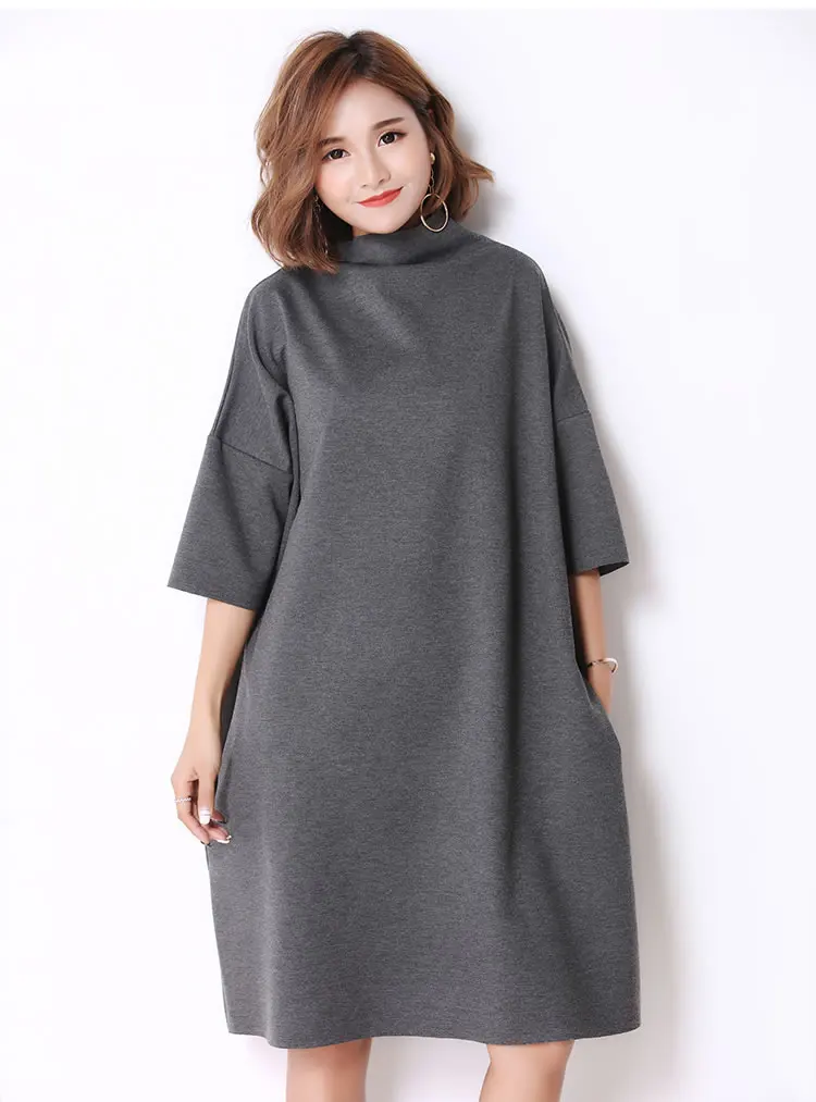 [XITAO] Korea New Autumn Casual Women Turtleneck Above Knee Dress Female Half Sleeve Solid Color Pullover Dress GWY2464